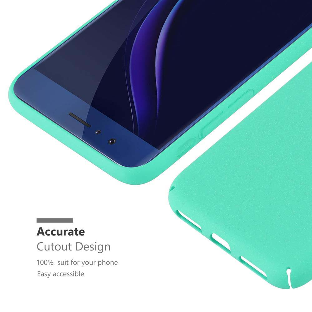 Ein Telefon in einer türkisfarbenen Hülle. Text: Präzises Ausschnittdesign, 100% passend für Ihr Telefon, Leicht zugänglich.
