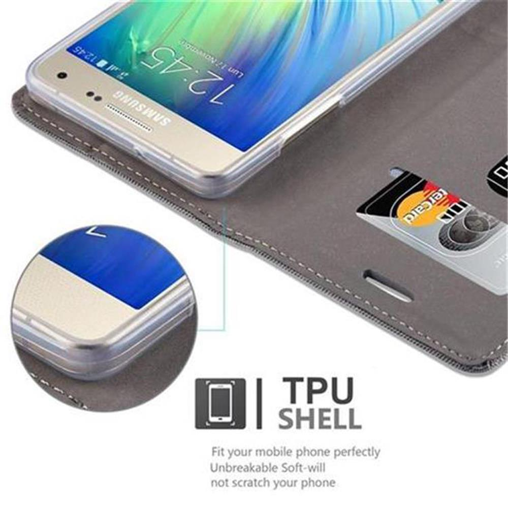 Un teléfono en una funda gris con ranura para tarjeta de crédito. El teléfono muestra la hora 12:45.