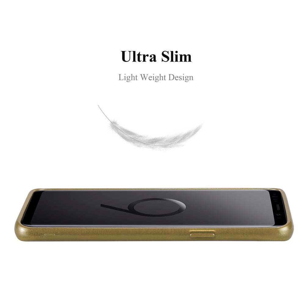Custodia per telefono dorata, schermo del telefono nero rivolto verso l'alto. Il testo recita Ultra Slim.