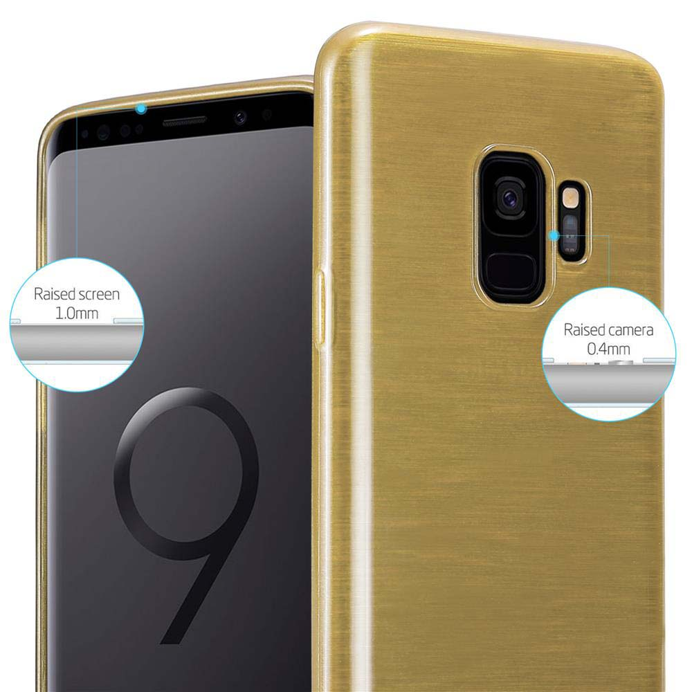 Una custodia per telefono dorata. Lo schermo e la fotocamera sono rialzati per la protezione. Il telefono ha uno schermo nero.