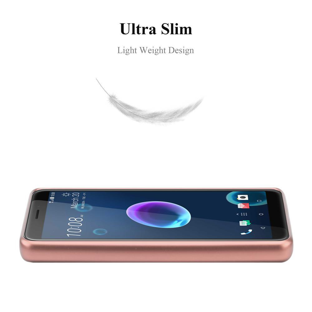Roségoldenes Telefon mit Bildschirm, Feder darüber. Ultra schlank, leichtes Design.