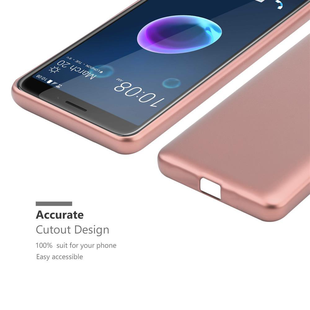 Eine roségoldene Handyhülle und ein Telefon. Text: 'Accurate Cutout Design'. Hintergrund weiß.
