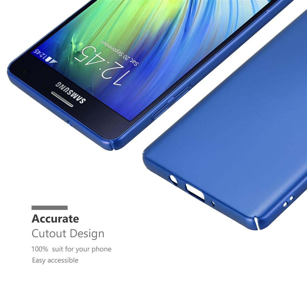 Blaue Handyhülle und Telefon. Telefon zeigt den Bildschirm. Text: Präzises Ausschnittdesign.