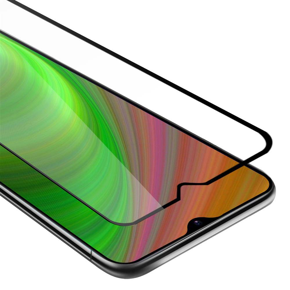 Primo piano di schermo telefono con protezione schermo. Lo schermo ha colori verdi, viola e arancioni.