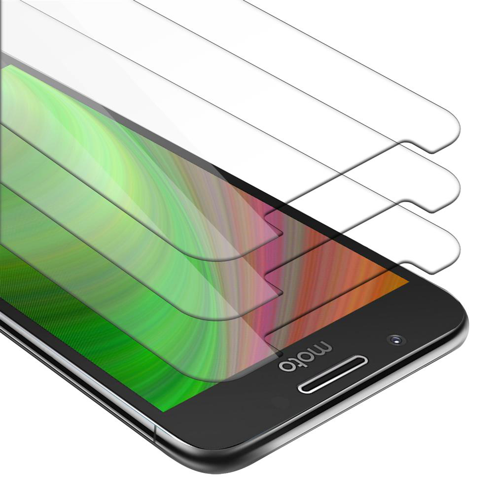 Un telefono con una protezione per lo schermo. Vengono mostrate tre protezioni, con uno sfondo colorato.