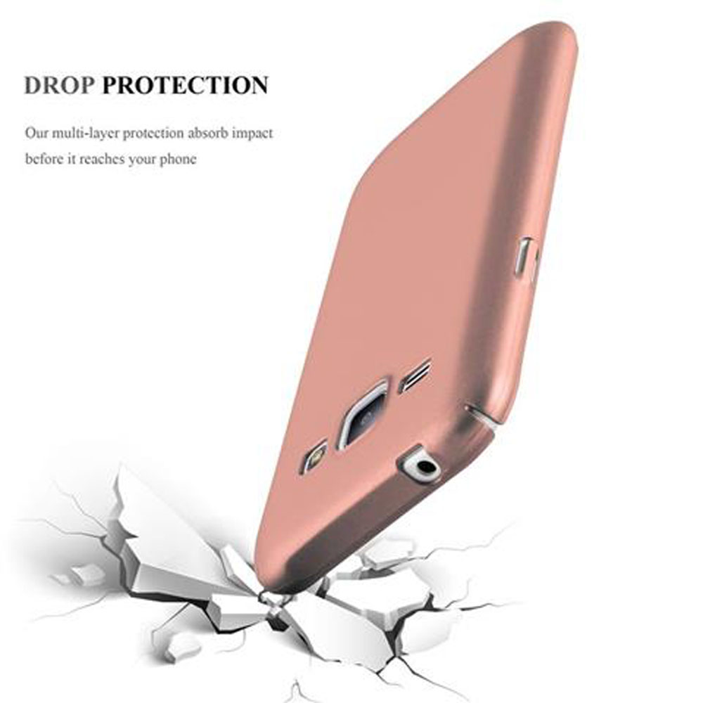 Custodia rosa su sfondo bianco con crepe. Testo: Protezione dalle cadute. Assorbe l'impatto.