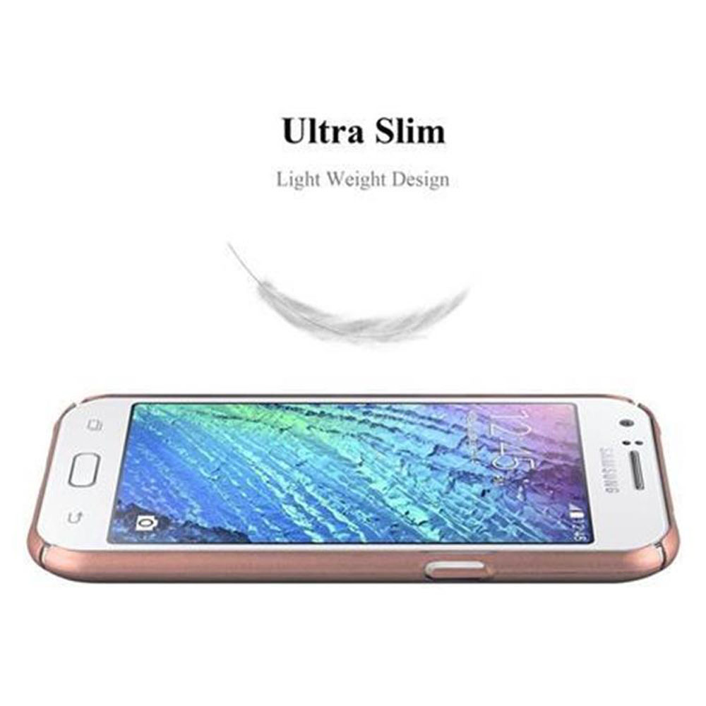Un telefono oro rosa, con custodia e testo 'Ultra Slim' e 'Light Weight Design'.