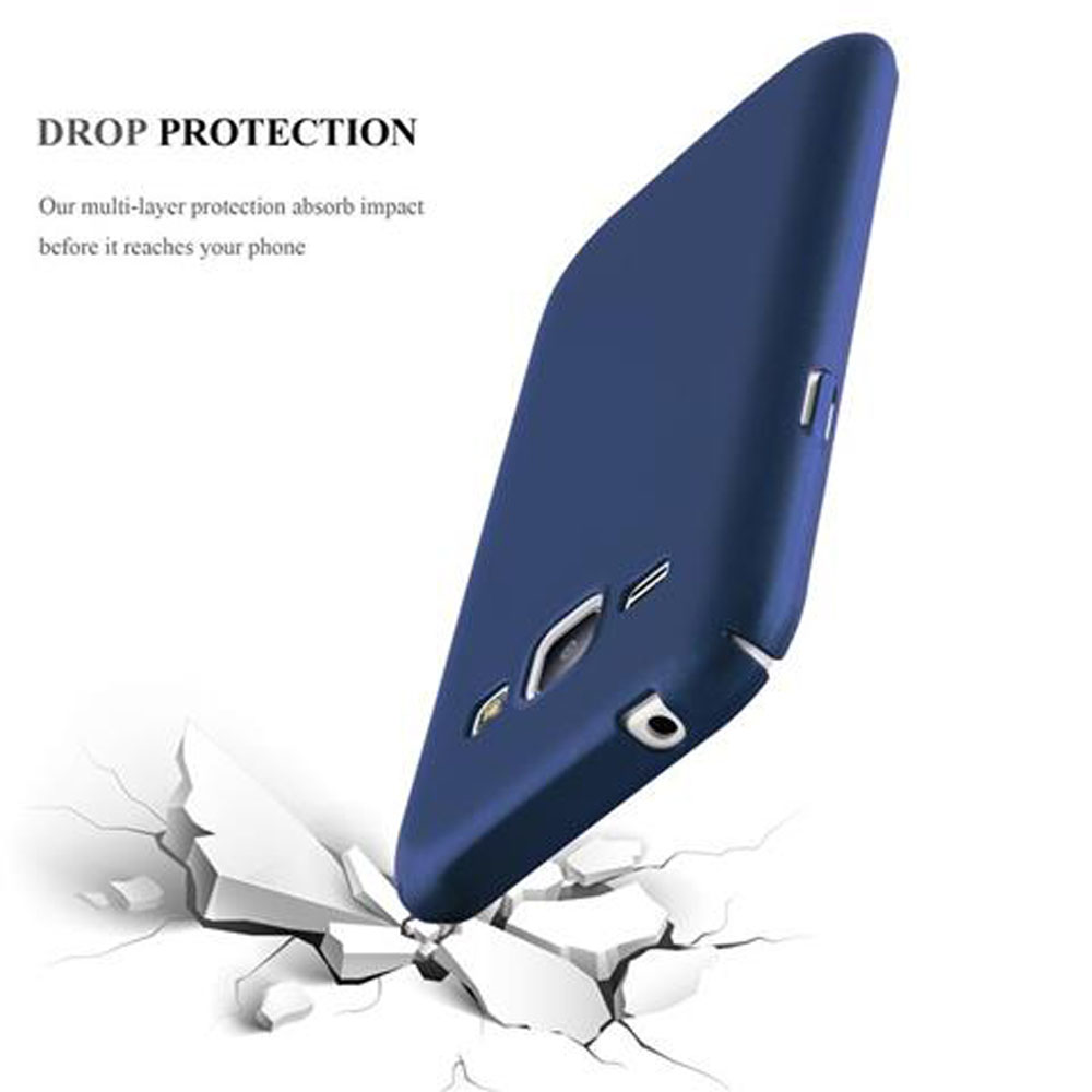 Una custodia blu per telefono viene mostrata con un grafico che indica la protezione dalle cadute. La custodia è inclinata su un terreno rotto.