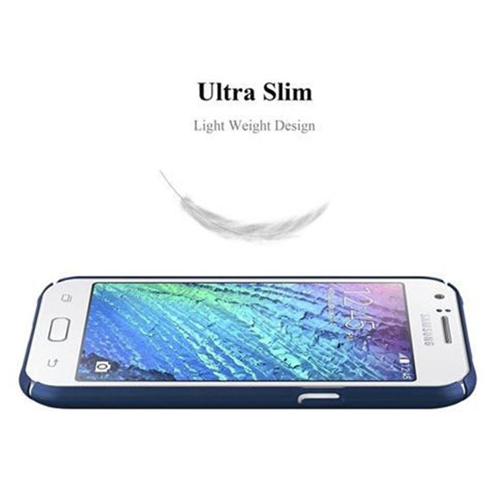 Telefono bianco con custodia blu. Testo Ultra Slim e Light Weight Design sopra.