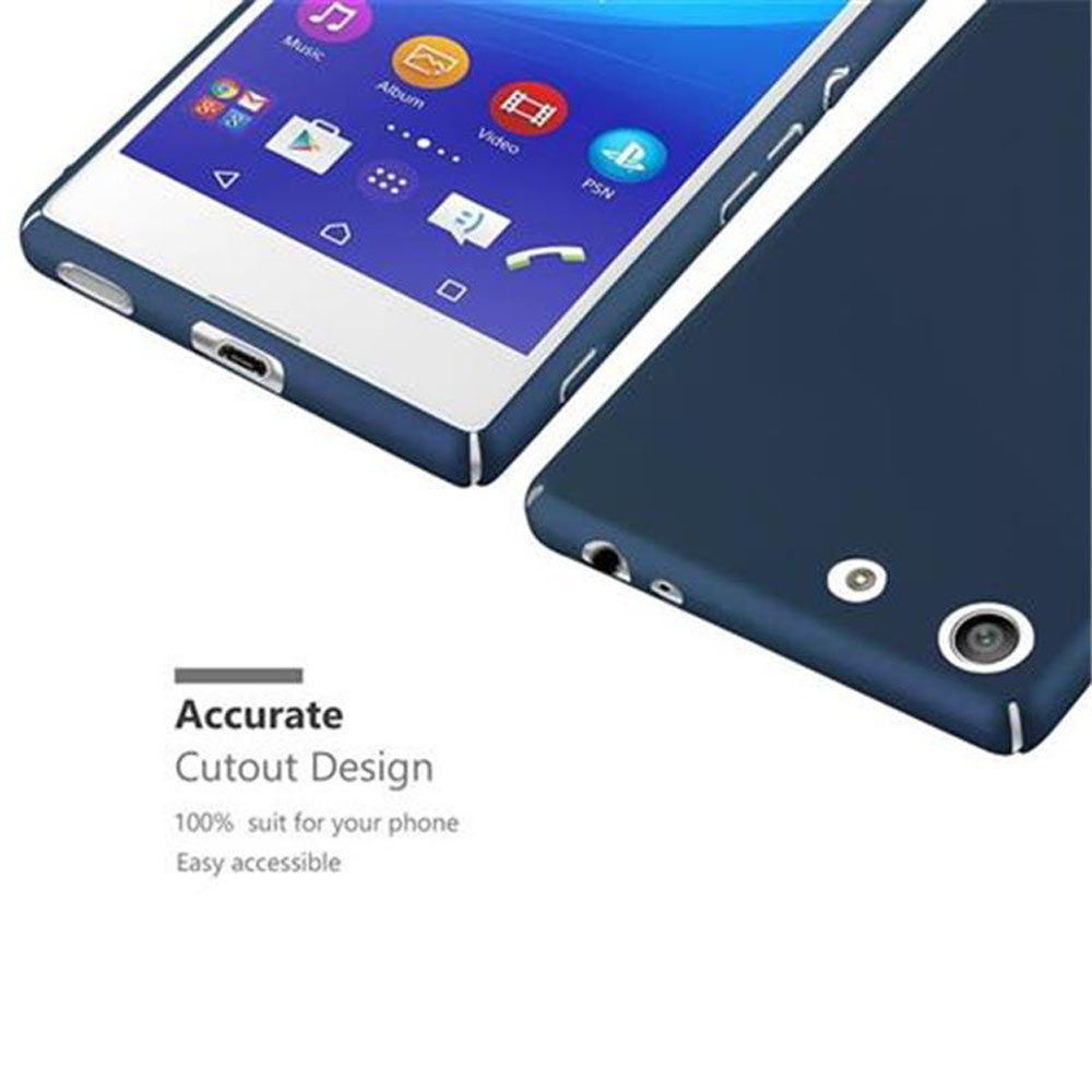 Dos teléfonos, uno en una funda azul oscuro. Texto: Diseño de corte preciso, 100% adecuado para su teléfono, Fácil acceso.