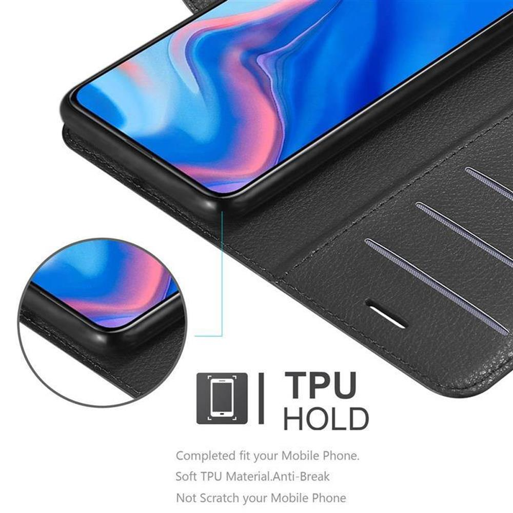 Telefono nero in custodia a portafoglio. Testo: TPU HOLD. Interno grigio, schermo del telefono visibile.