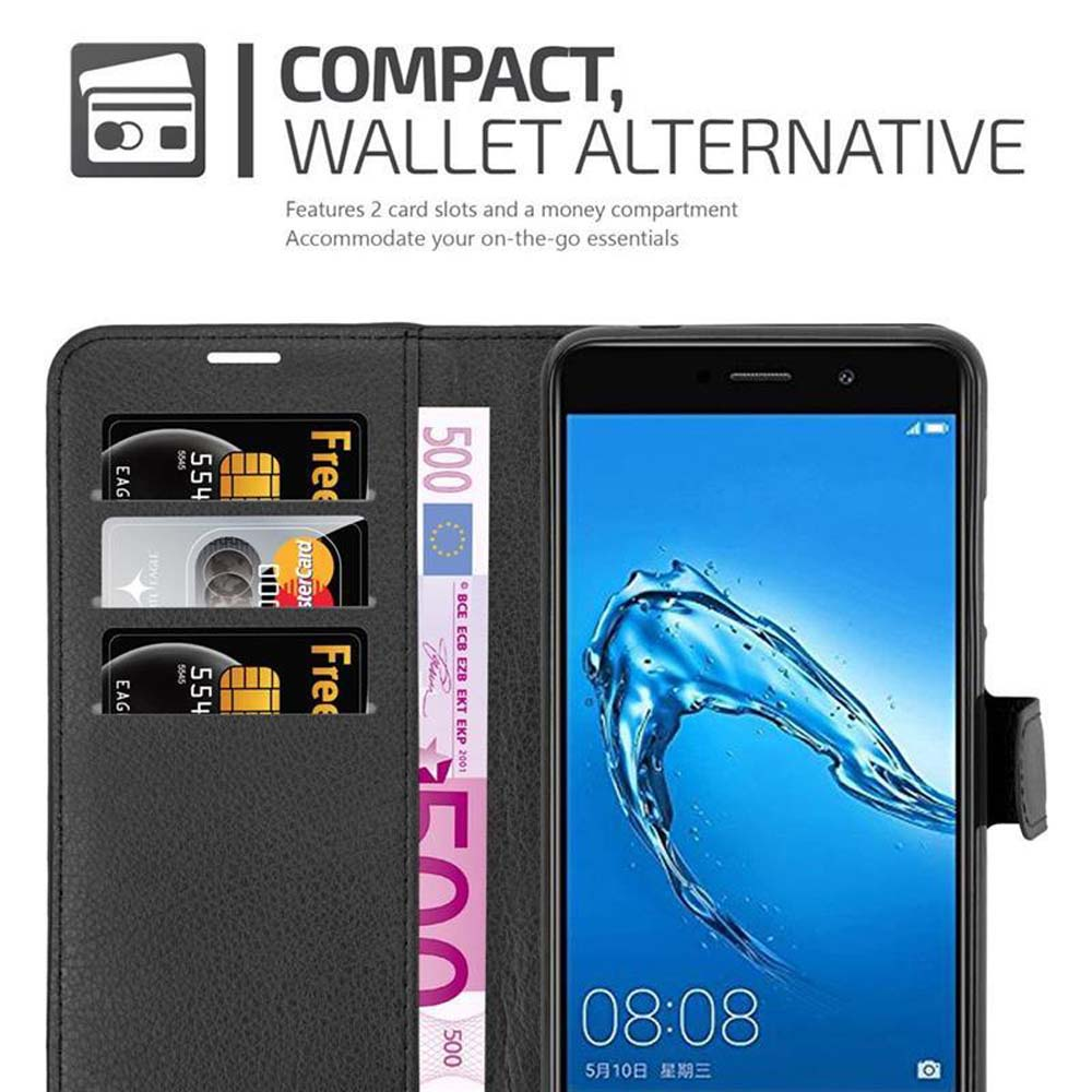 Telefono in una custodia a portafoglio con slot per carte e contanti. Il testo dice Compatto, Alternativa al portafoglio.