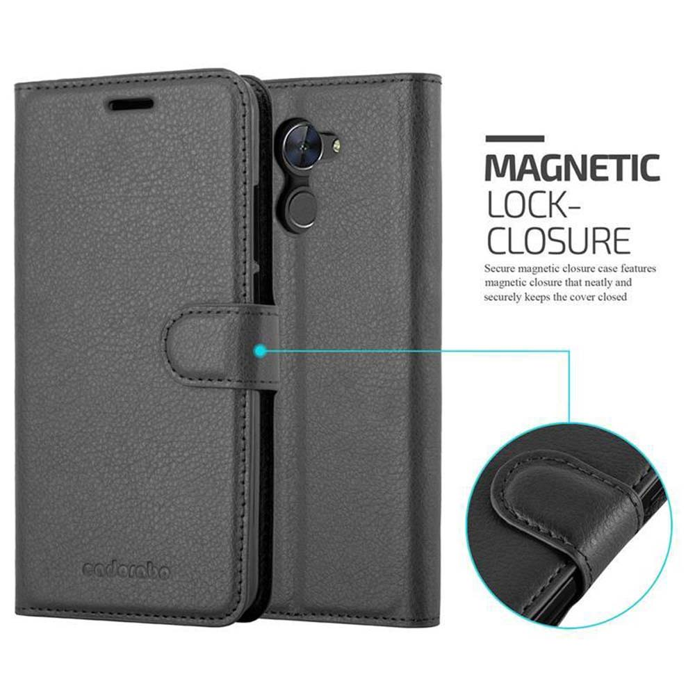 Custodia per telefono nera con chiusura magnetica. La custodia è aperta, mostrando l'interno. Il testo dice chiusura magnetica.