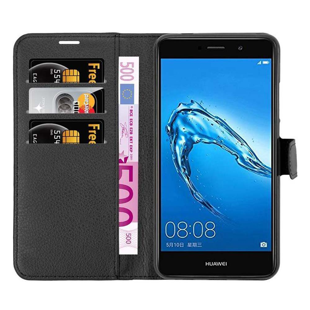 Una custodia nera per telefono aperta, con carte di credito e un telefono con schermo blu. Testo: Free e Huawei.
