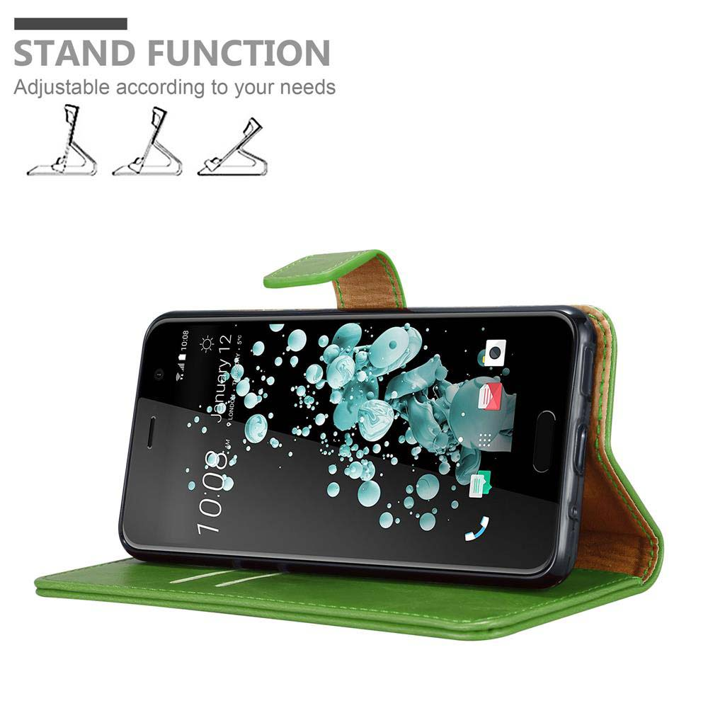 Custodia verde per telefono aperta, con telefono dentro e icone funzione supporto.