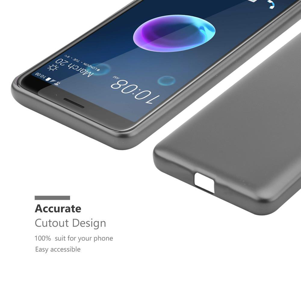 Vengono mostrati uno smartphone e una custodia. Il telefono mostra l'ora e il meteo. La custodia è grigio scuro.