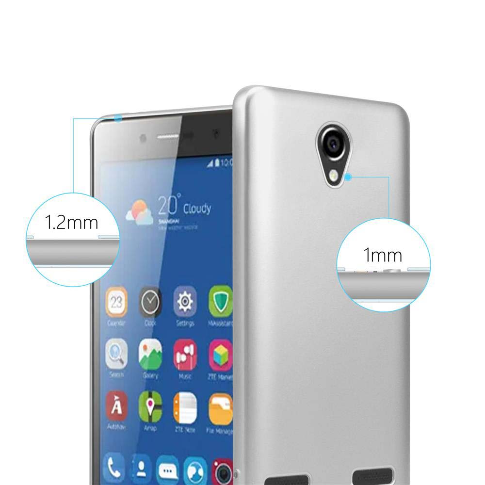 Telefono argento con custodia. Mostra le misure dello spessore. 1,2 mm e 1 mm.