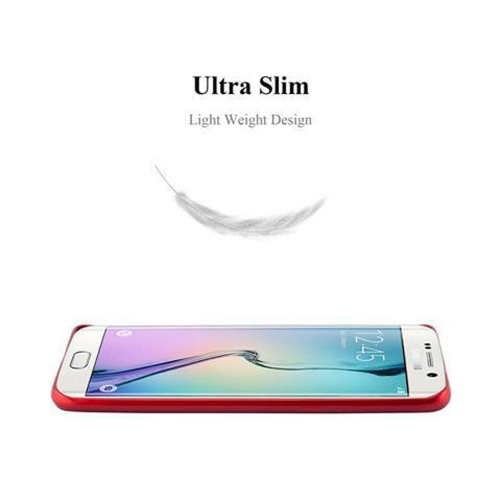 Ein schlankes Telefon mit roter Hülle. Über dem Telefon befindet sich eine Feder.