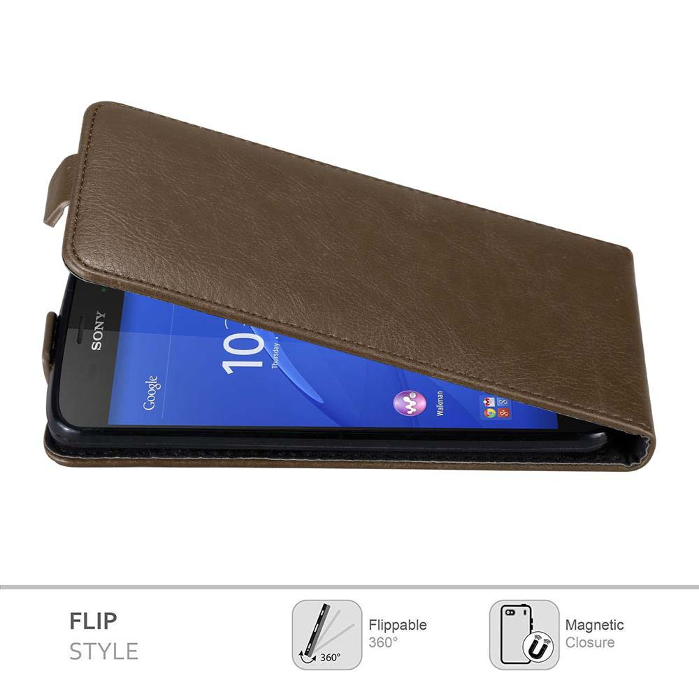 Funda marrón con solapa abierta, mostrando la pantalla del teléfono con apps.