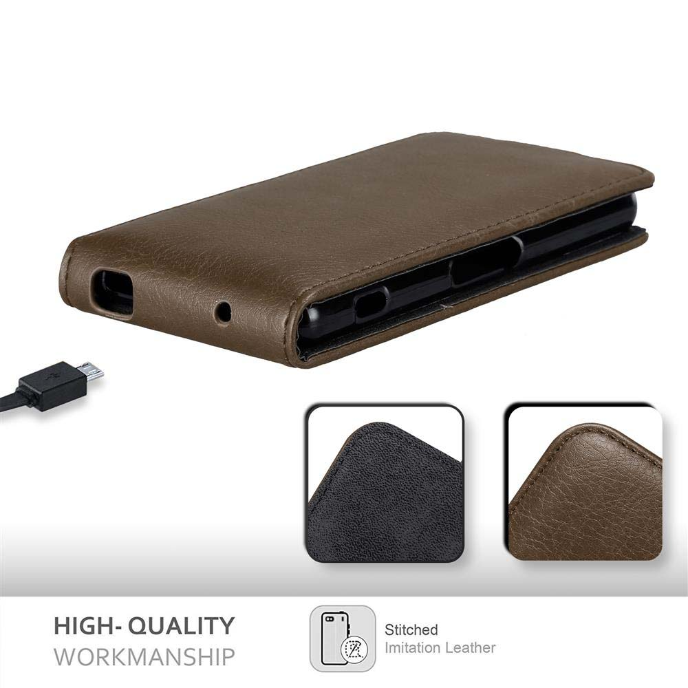 Funda de teléfono de cuero marrón con puerto de carga y detalle de funda.