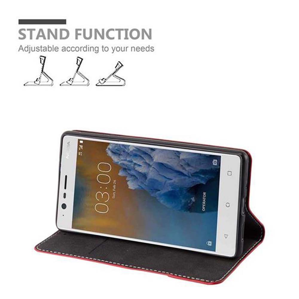 Telefon in geöffneter Brieftaschen-Hülle. Telefon-Bildschirm sichtbar, Zeit 03:00. Standfunktion-Illustration.