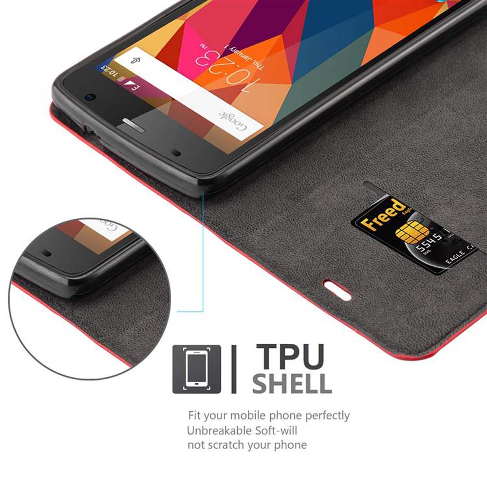 Teléfono negro en una funda tipo cartera negra y roja. Incluye un primer plano del teléfono.