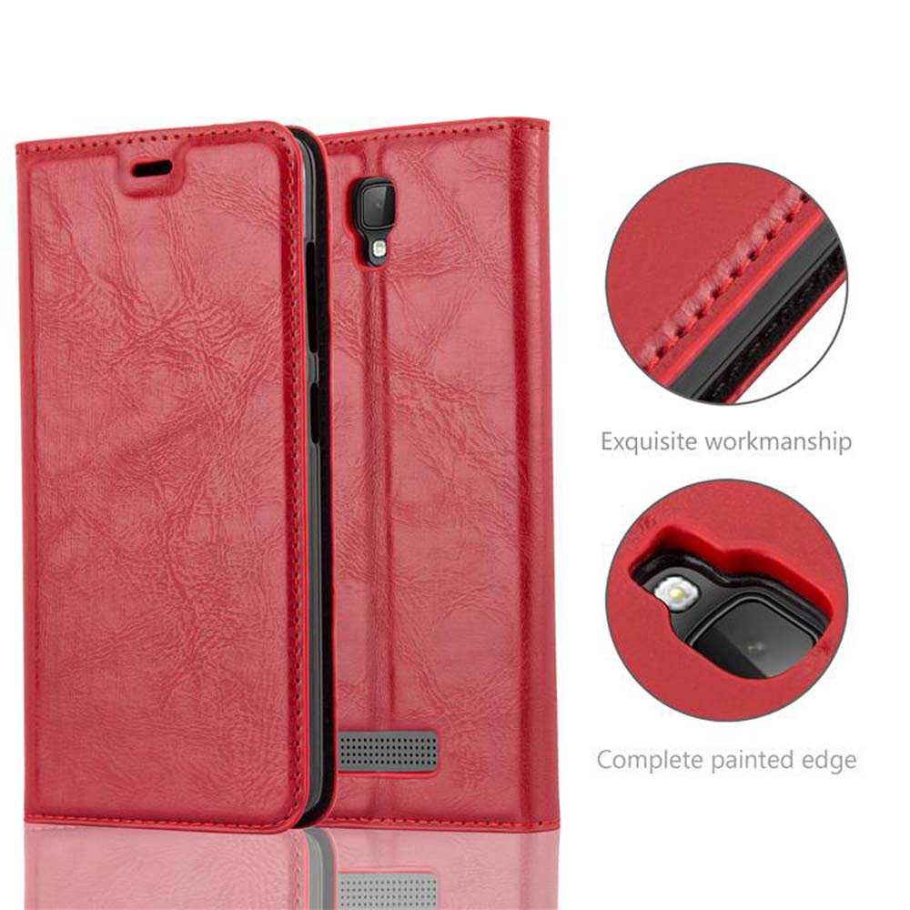 Funda de teléfono de cuero roja, abierta para mostrar un teléfono. Detalles: trabajo exquisito, borde pintado completo.