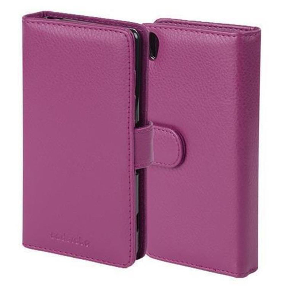 Funda de teléfono magenta abierta. Dentro hay un teléfono negro. Cierre de botón en el lado derecho.