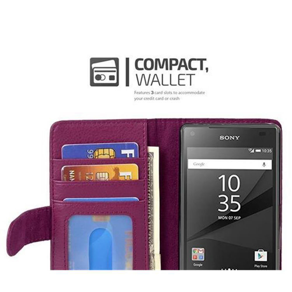 Funda de teléfono con ranuras para tarjetas y un teléfono. El texto dice 'Compact, Wallet'.