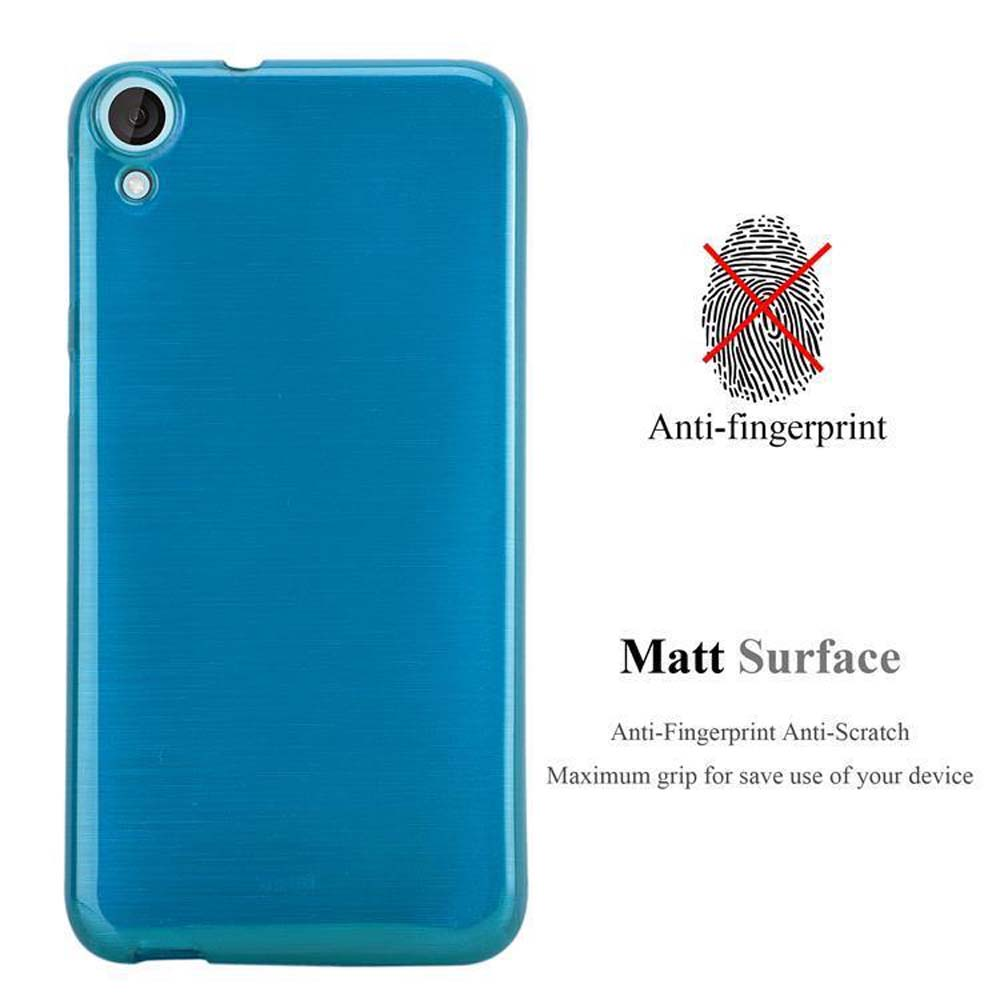 Una custodia per telefono blu. Il testo sull'immagine dice 'Anti-impronta' e 'Superficie opaca'. Viene mostrata un'impronta digitale.