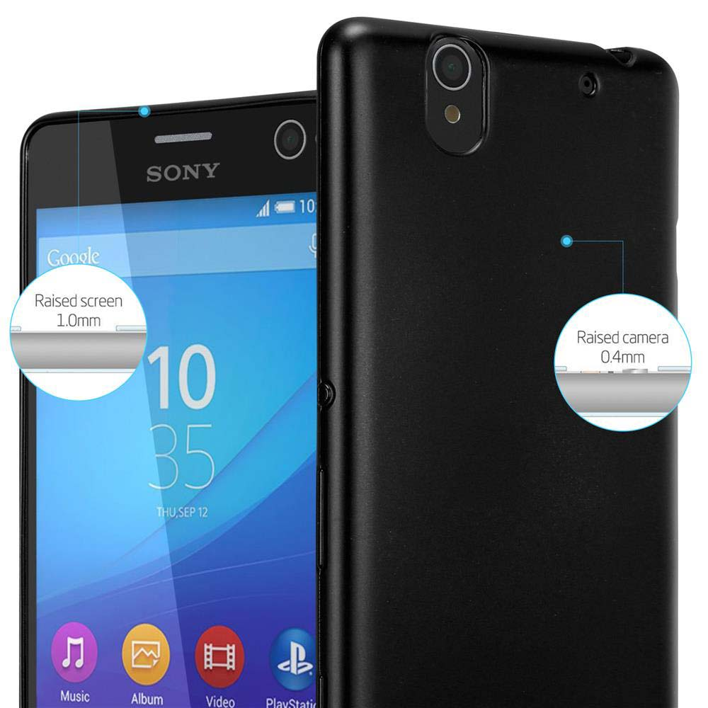 Un teléfono negro con una funda negra. El teléfono muestra la hora e iconos de aplicaciones. Hay bordes elevados.