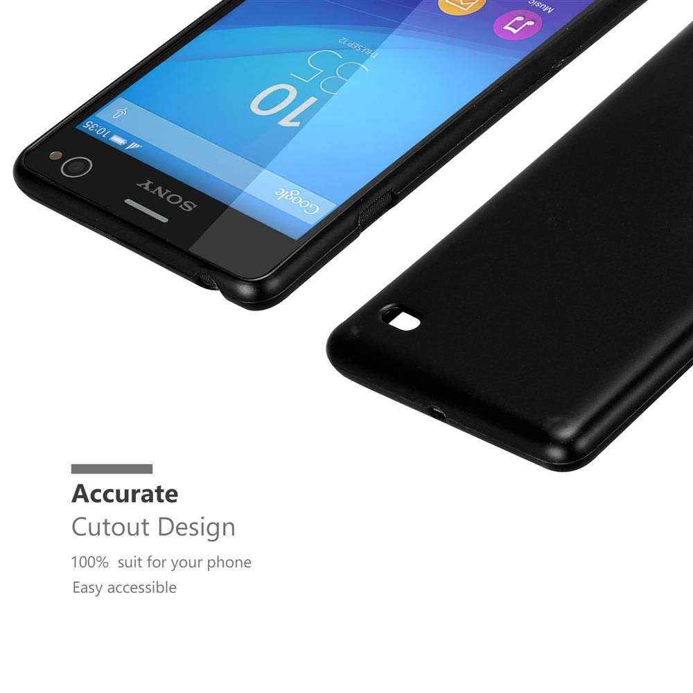 Teléfono y funda negros. Texto: Diseño de recorte preciso, 100% adecuado, fácil acceso.