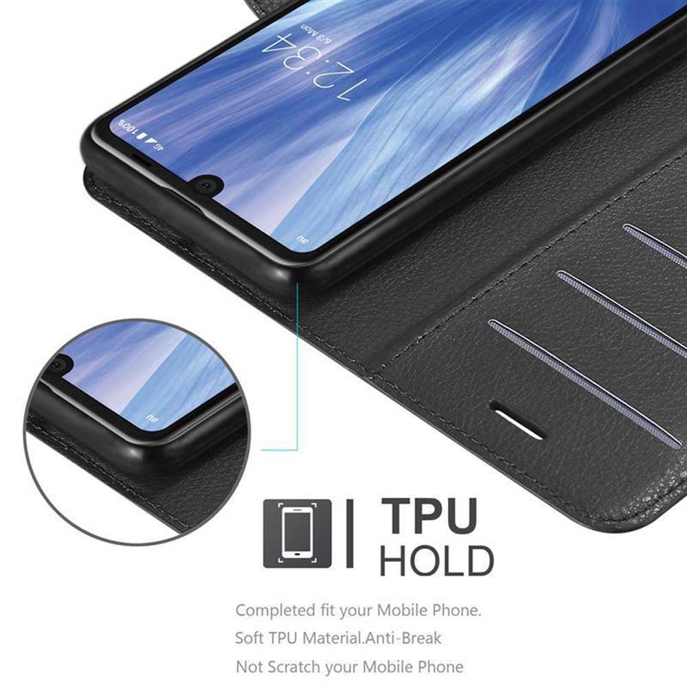 Telefono in una custodia nera, con un primo piano sulla custodia e testo in basso.