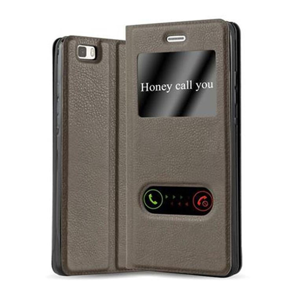 Funda de teléfono marrón con ventana y texto que dice: Honey call you. Abierta, mostrando la pantalla.