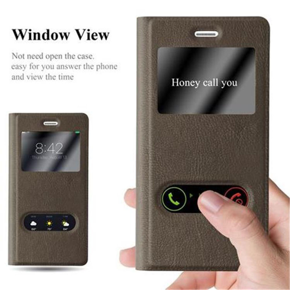 Una funda para teléfono con ventana está abierta, mostrando la pantalla del teléfono.