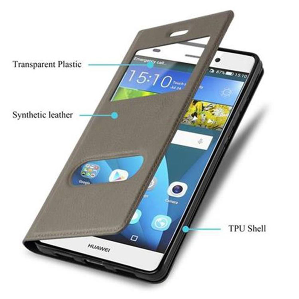 Una funda gris para un teléfono Huawei. La funda está abierta, mostrando la pantalla del teléfono.