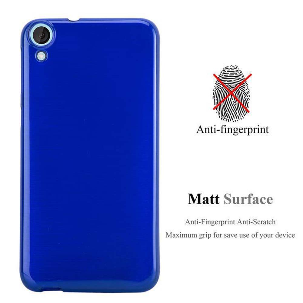 Custodia blu per telefono con superficie anti-impronta e opaca. Testo: Anti-impronta, Superficie opaca.