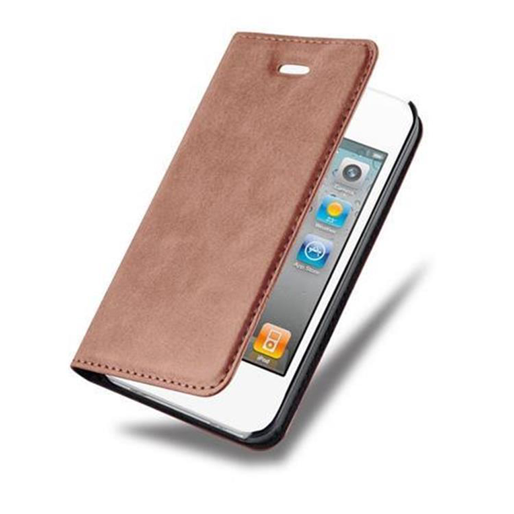 Una custodia in pelle marrone con un iPod bianco parzialmente all'interno. Lo schermo dell'iPod mostra le icone delle app.