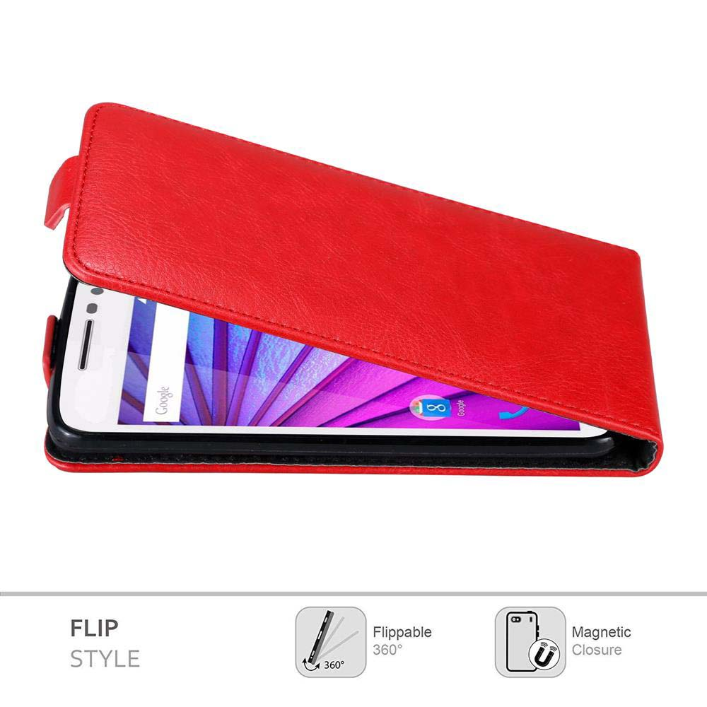 Una funda abatible roja para teléfono está abierta, revelando la pantalla del teléfono. Palabras clave: abatible, plegable, cierre magnético.