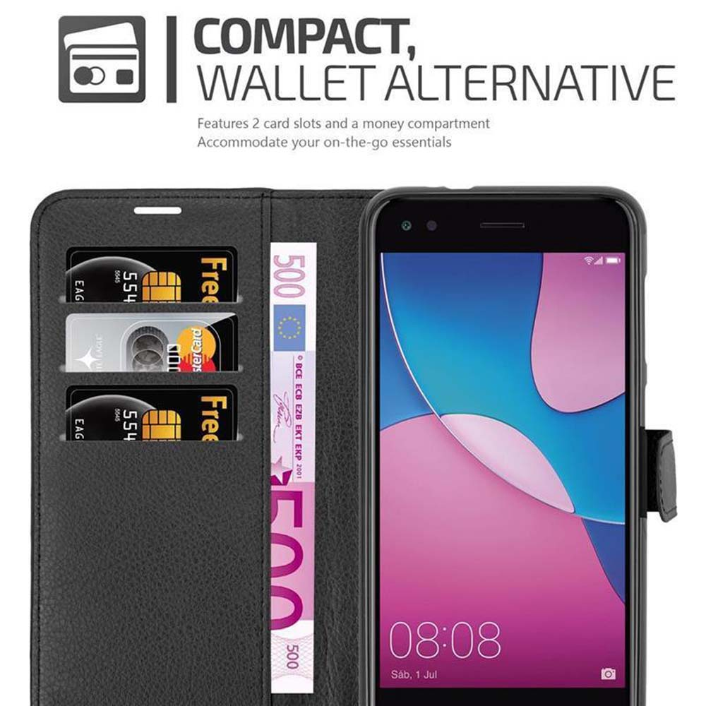 Un telefono all'interno di una custodia a portafoglio, che mostra una schermata iniziale accanto a fessure per carte e un vano porta soldi.