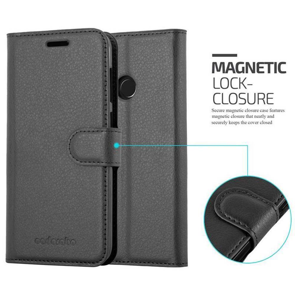 Custodia per telefono in pelle nera, design con chiusura magnetica con primo piano della chiusura.