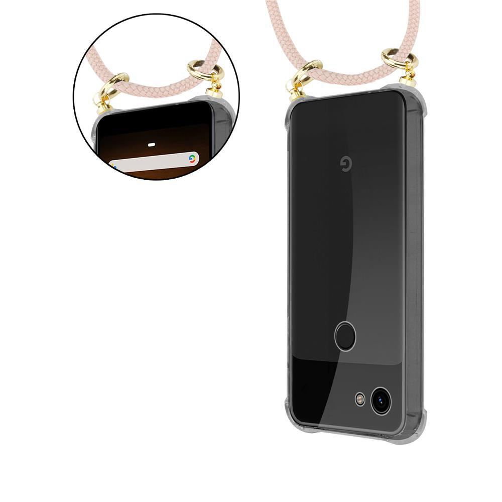 Un telefono in una custodia trasparente, con un cordino, che mostra il retro del telefono.