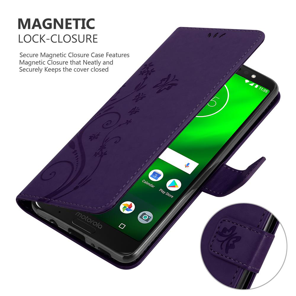 Custodia viola per telefono con design floreale aperta. Il telefono mostra le app. Chiusura magnetica.