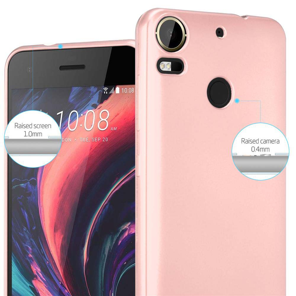 Custodia rosa con telefono all'interno. Dettagli: schermo rialzato e protezione fotocamera.