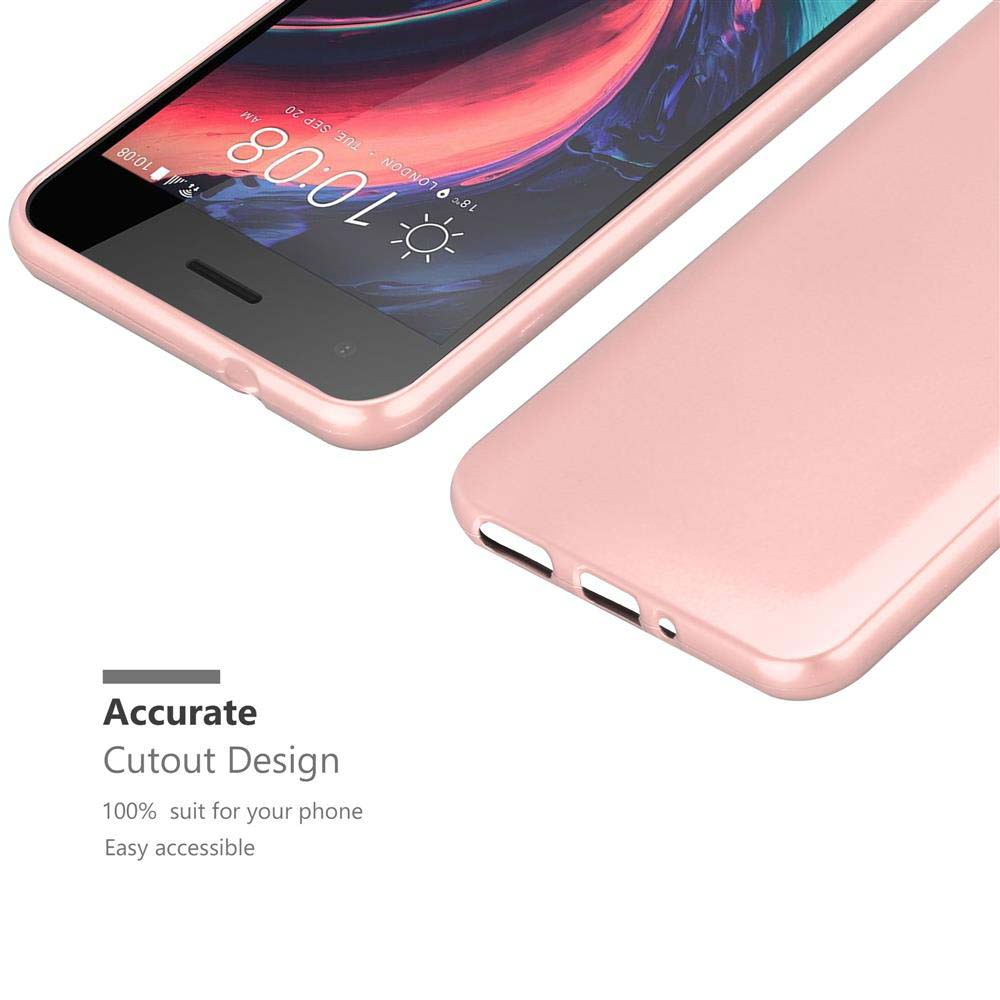 Telefono e custodia rosa. La custodia ha dei ritagli. Sfondo bianco.