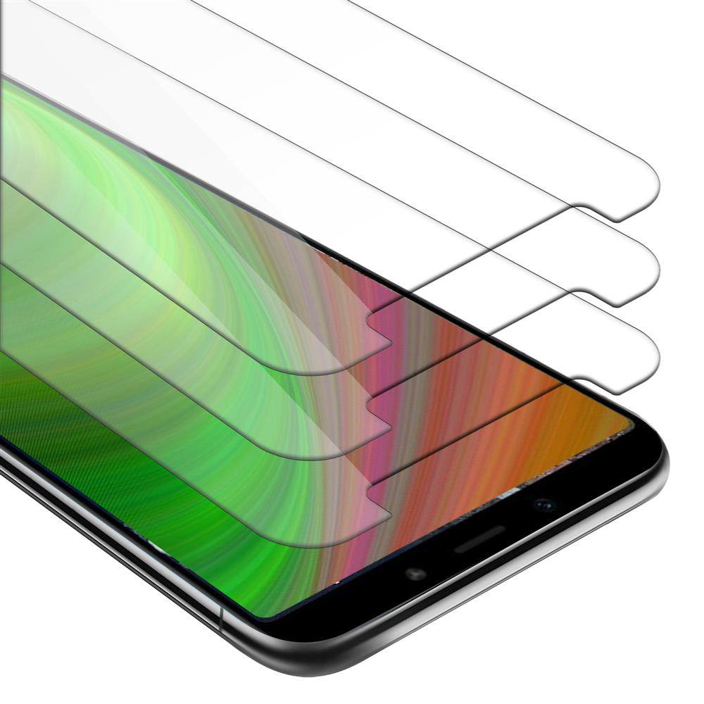 Uno schermo del telefono con tre protezioni per lo schermo in vetro temperato a strati, che mostra striature colorate sul display.