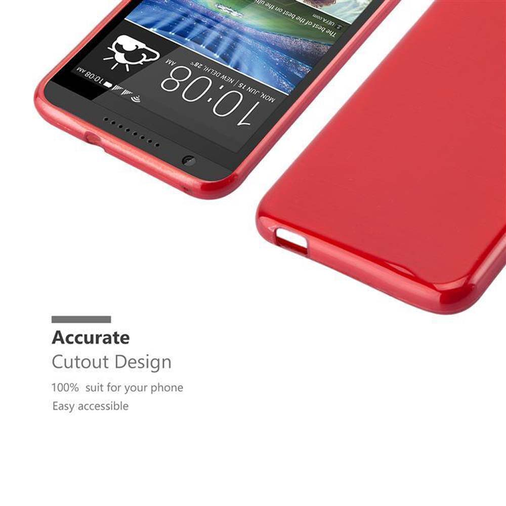 Custodia per telefono rossa con telefono all'interno. Il testo è visualizzato sullo schermo. Lo sfondo è bianco.