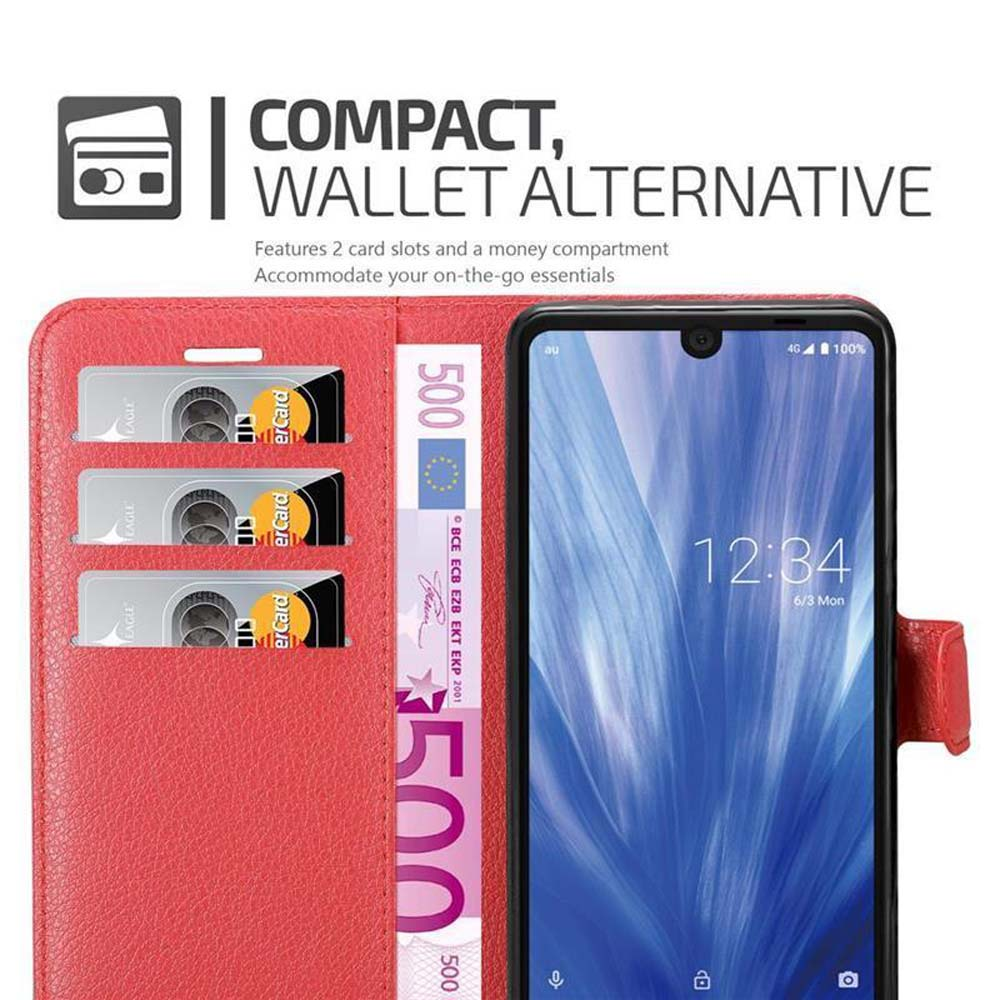Portafoglio per telefono rosso aperto, con carte, denaro e un telefono. Testo: 'Compact, Wallet Alternative'.
