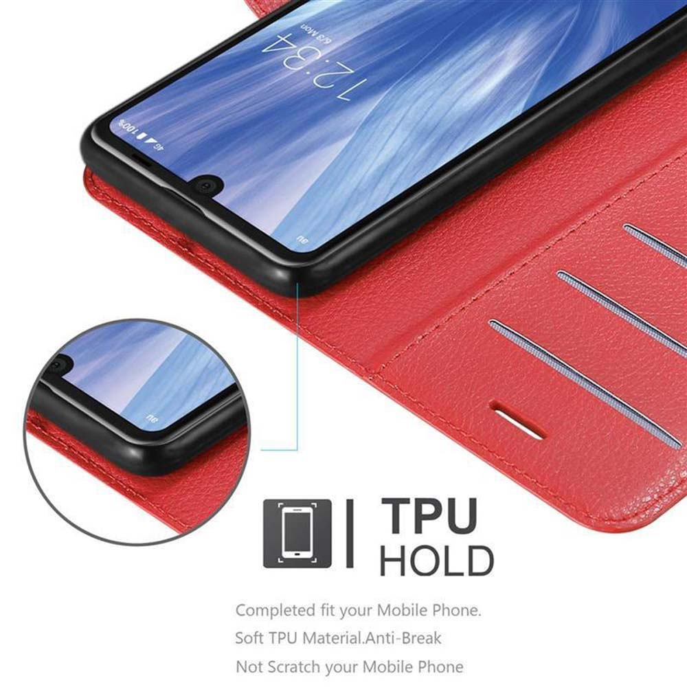 Custodia rossa aperta, che mostra un telefono. Bordo nero, sfondo bianco. Testo: TPU HOLD.
