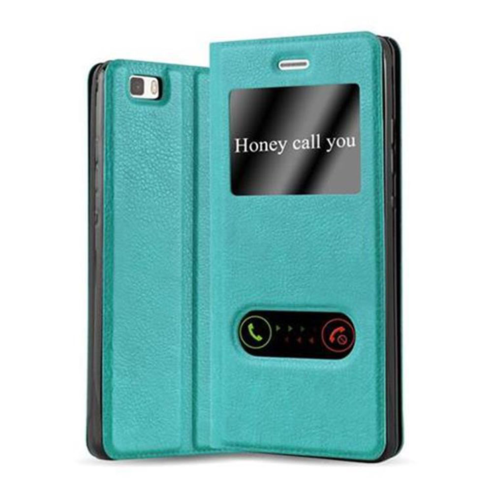 Funda de teléfono verde azulado, abierta. Mensaje en la pantalla del teléfono. Detalles del teléfono y la funda.